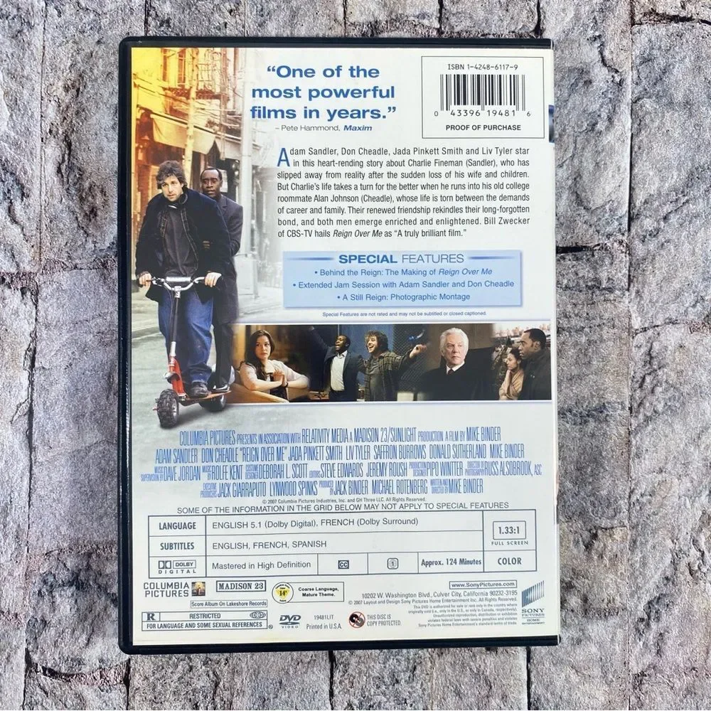 Reign Over Me DVD Adam Sandler Don Cheadle Full Screen Rated R